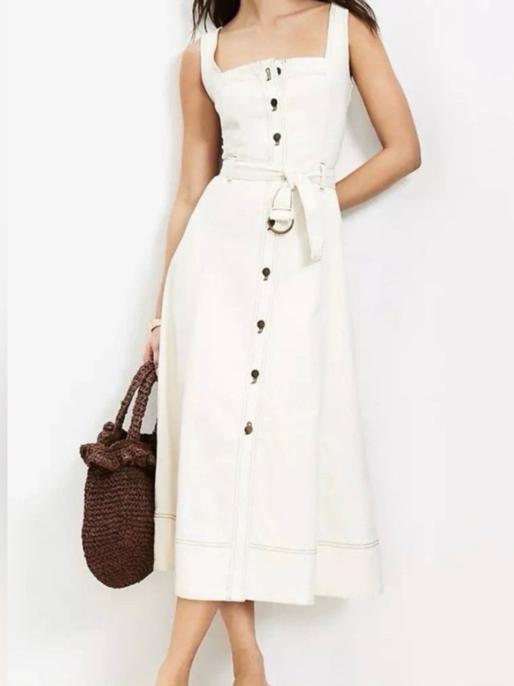 🆕 LOFT Denim Cream Button-Front Midi Dress with Tie Belt